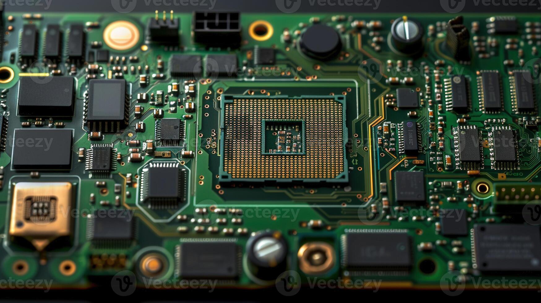 Close-up of a computer motherboard, highlighting its complex circuits and electronic components. photo