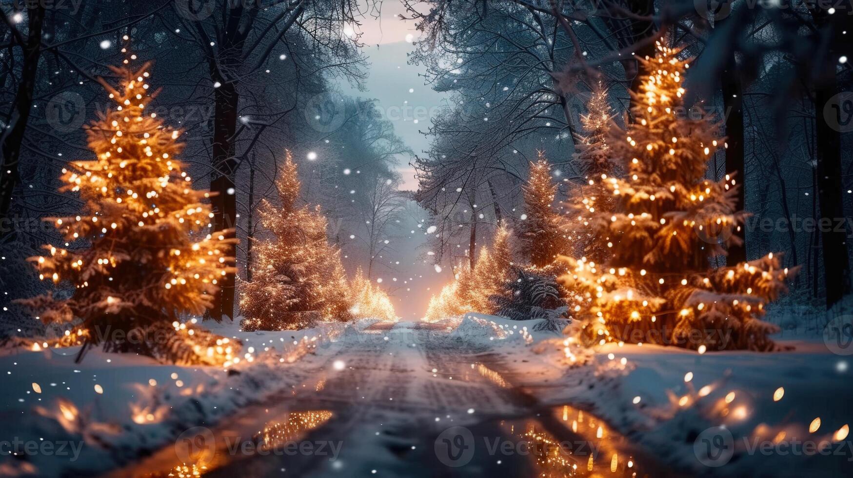 A snow-covered path winds through a winter forest decorated with glowing Christmas trees. photo