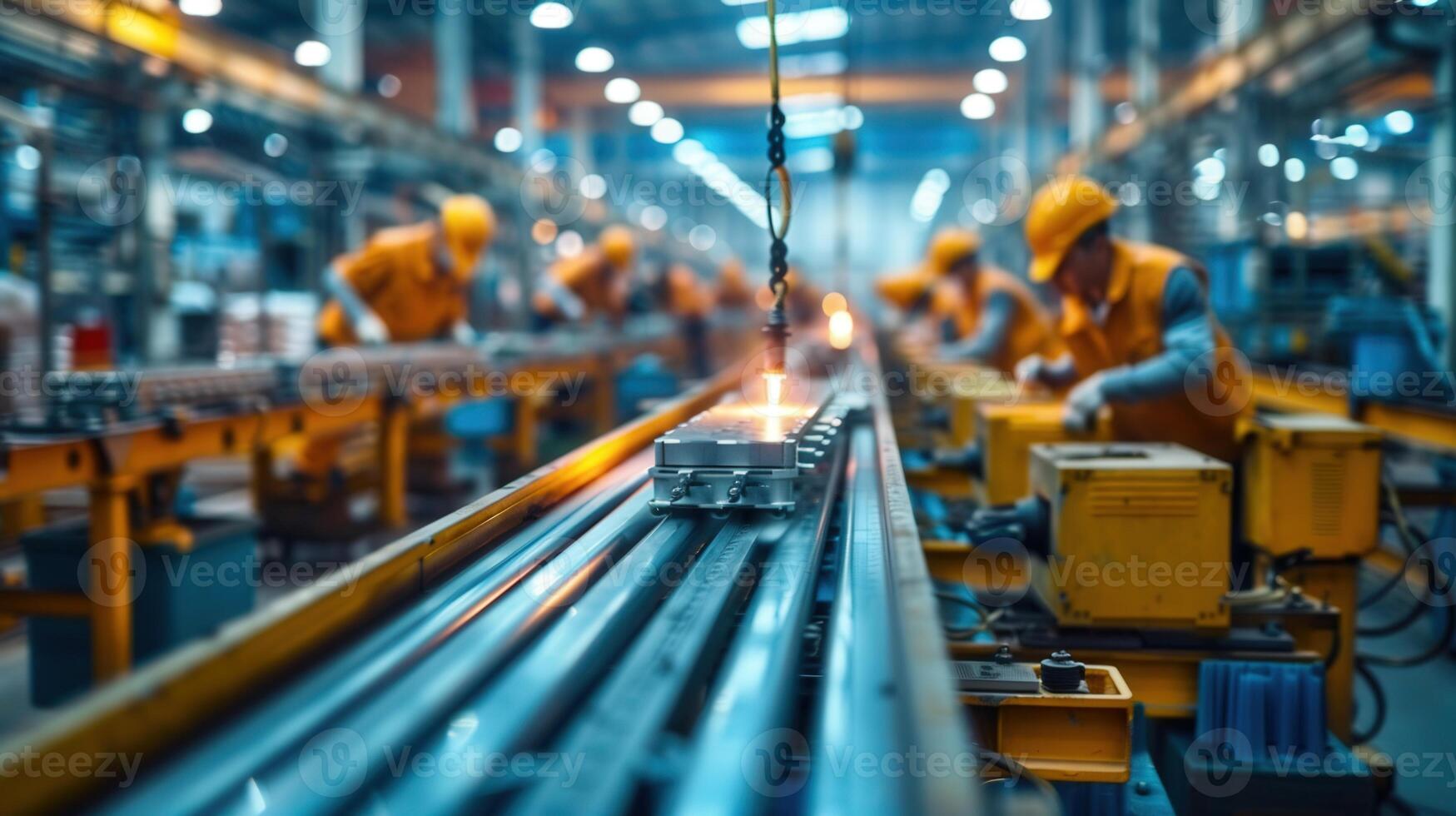 Factory workers in yellow uniforms are seen performing tasks on an industrial production line. photo
