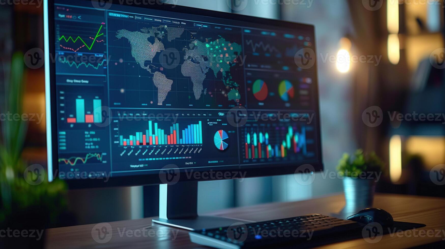 A modern computer monitor showcases data analytics with charts and graphs in a workspace. photo