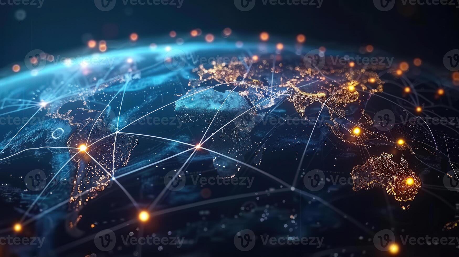 The digital globe illustrates global connections and networks with lines and glowing points. photo