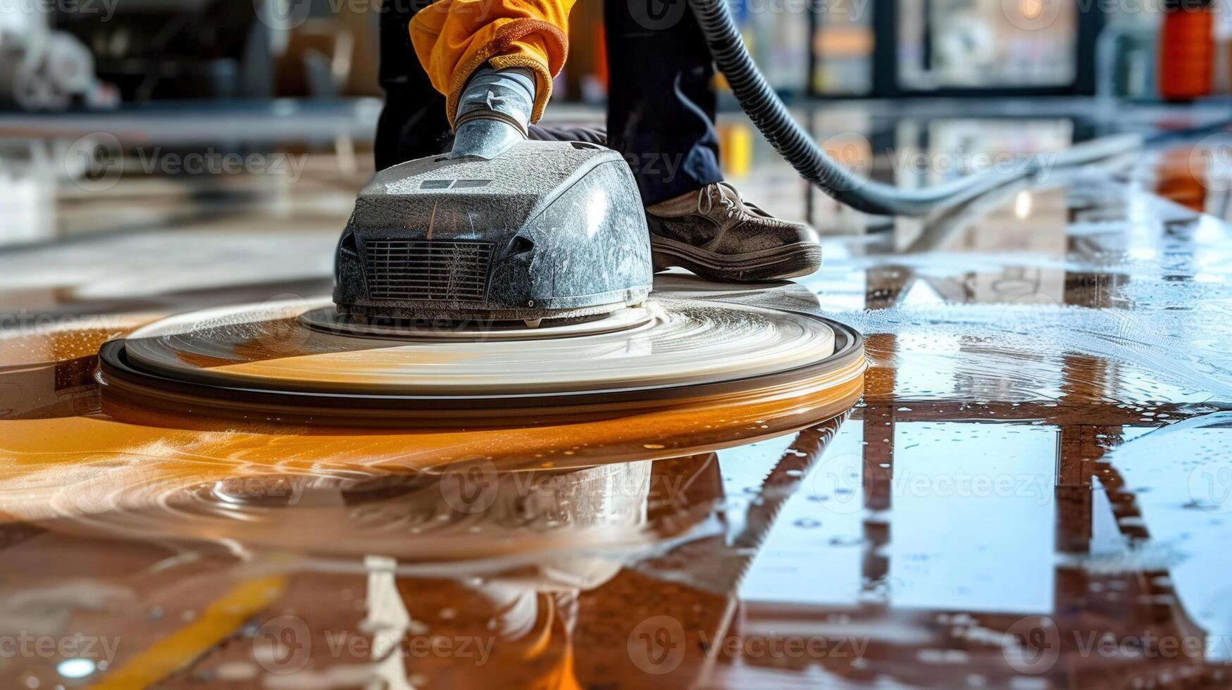 A worker uses a floor buffer to polish a wet floor, revealing a smooth, reflective surface. photo