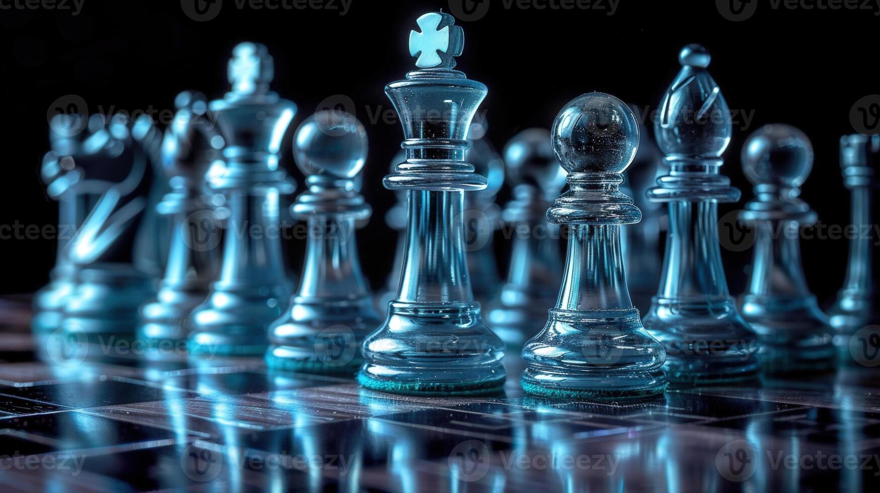 Chess pieces made of glass are beautifully arranged on a board, ready for the next move. photo