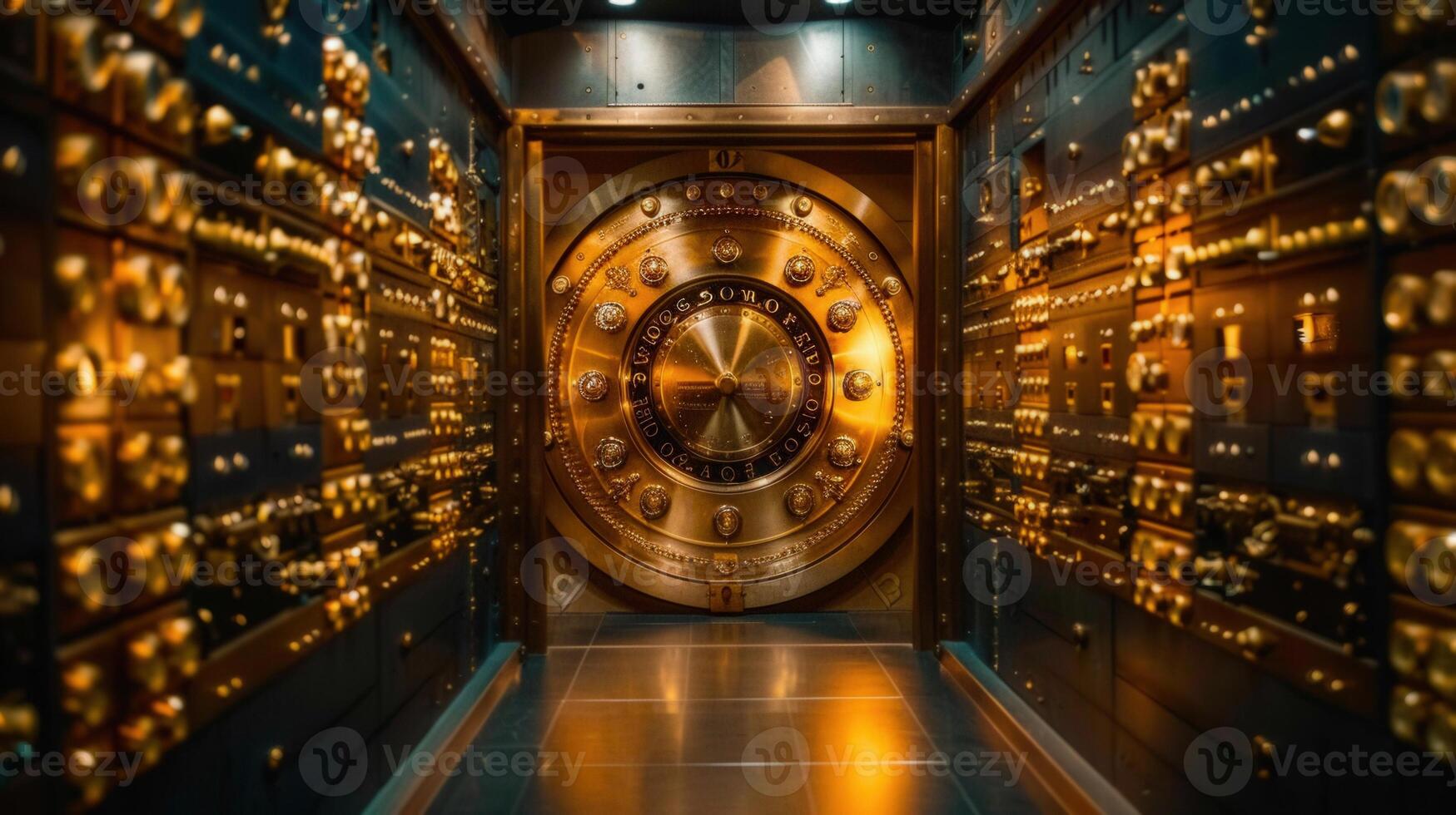 Magnificent golden vault door, the entrance to a secure and valuable area, inside an old building. photo