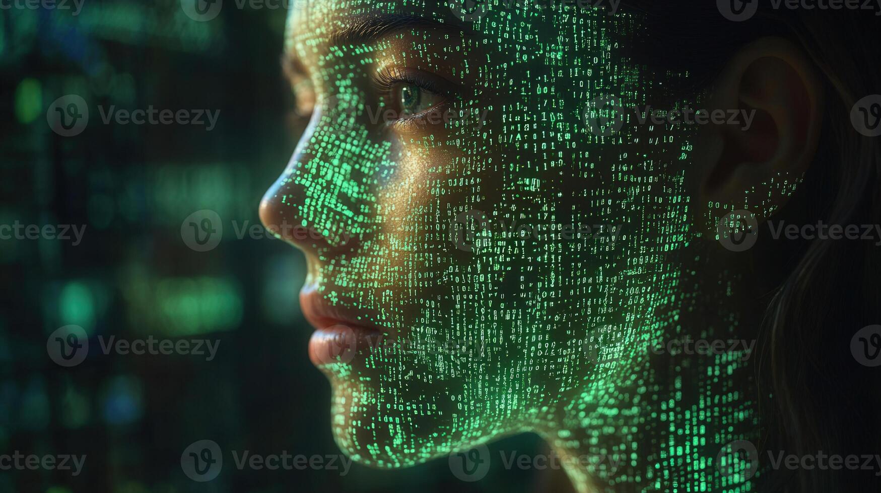 A woman's face is overlaid with binary code, a representation of digital information. photo