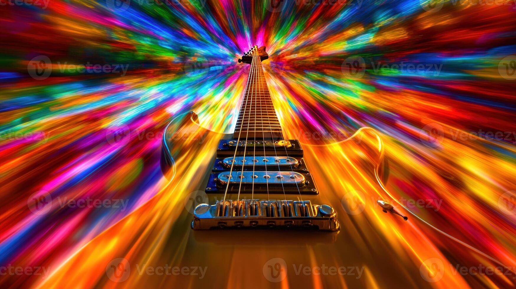 A vivid image of an electric guitar is in the center of a colorful light burst effect. photo