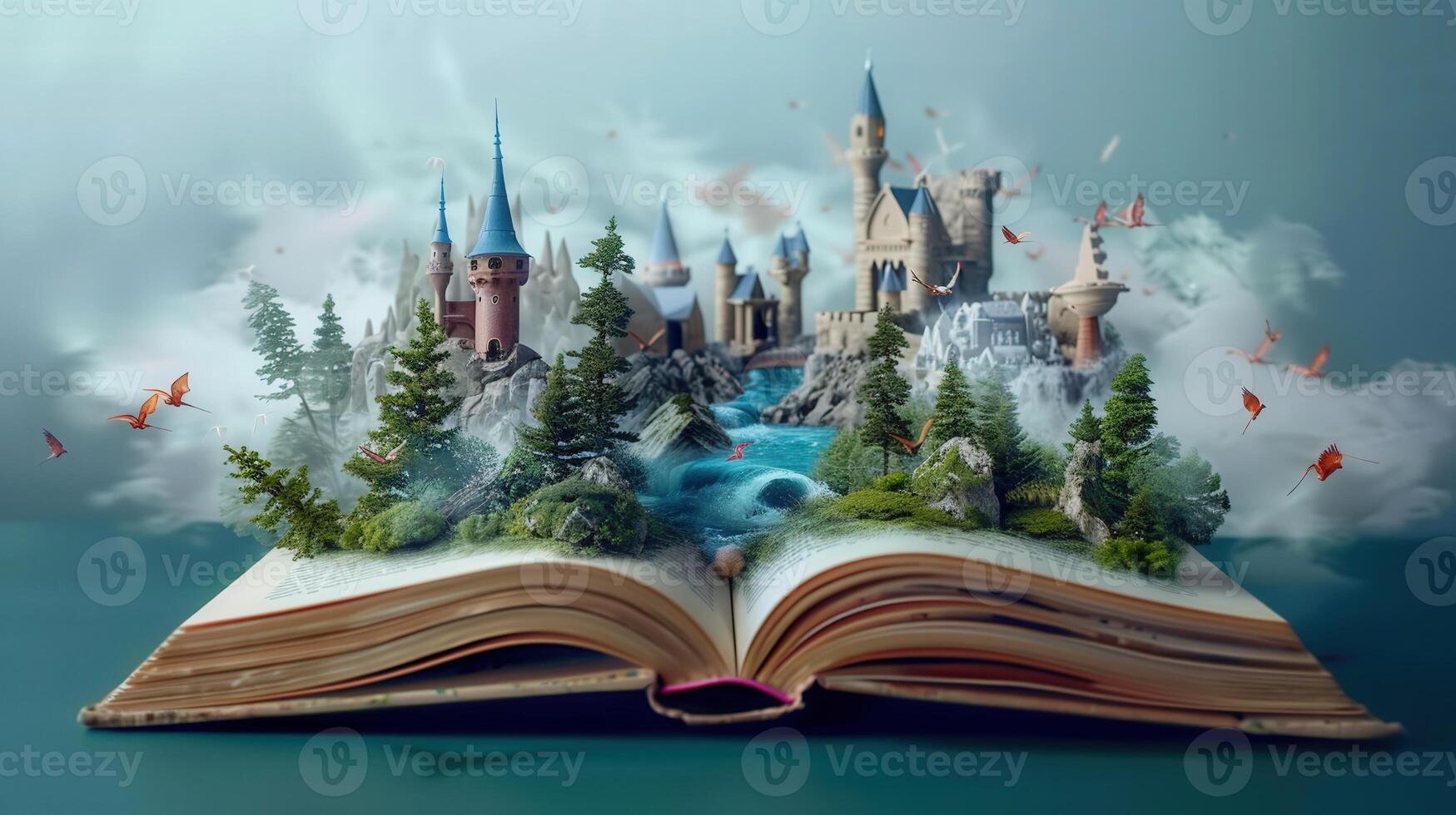 An open book reveals a magical world with a castle, flowing river, and flying creatures. photo