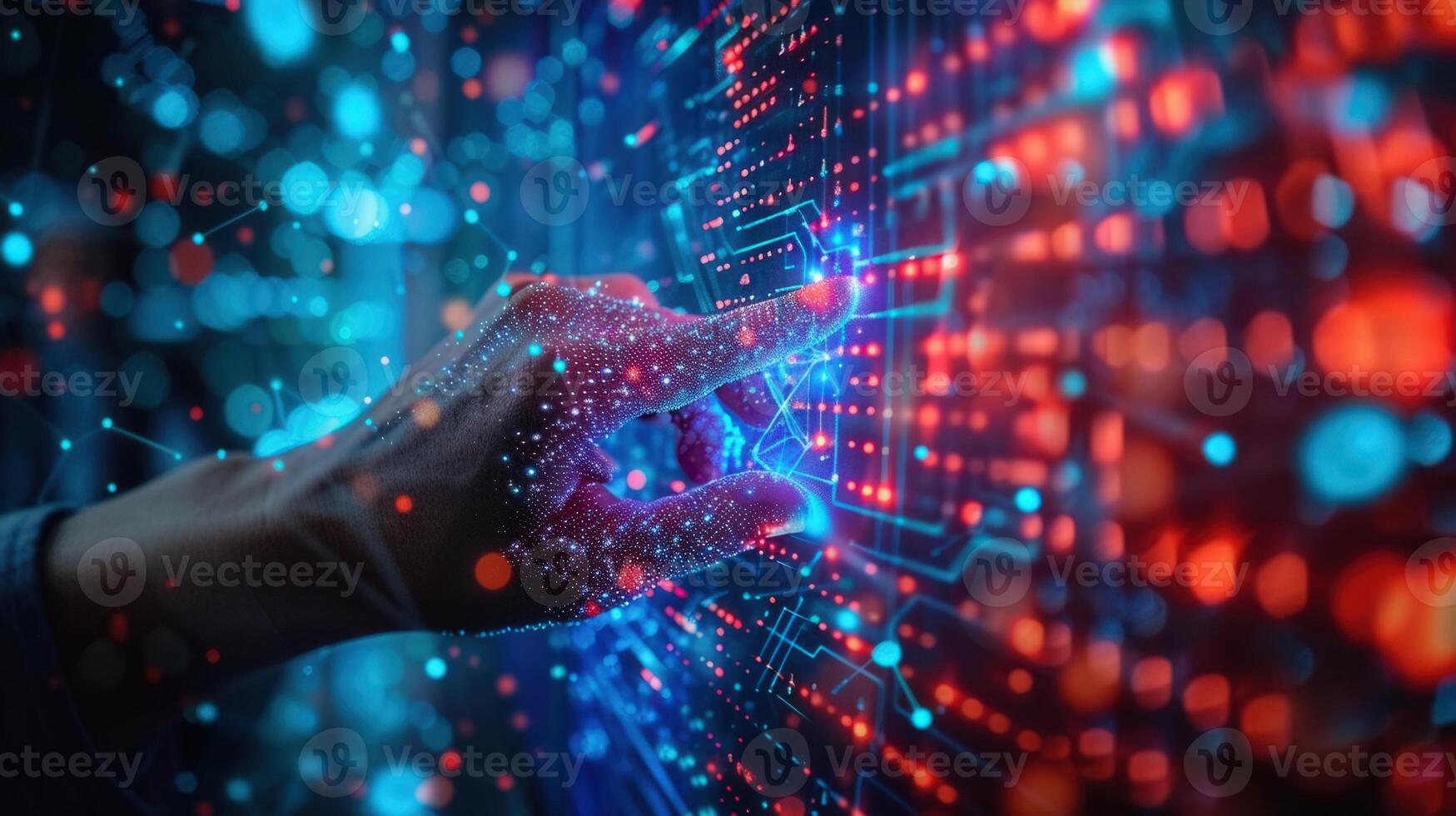 A hand interacting with a digital interface, showcasing a futuristic technology concept. photo