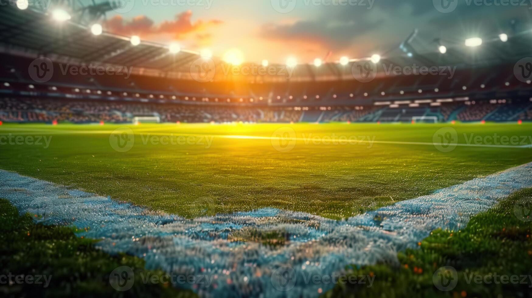 A stunning view of a soccer stadium bathed in the golden light of a beautiful sunset. photo