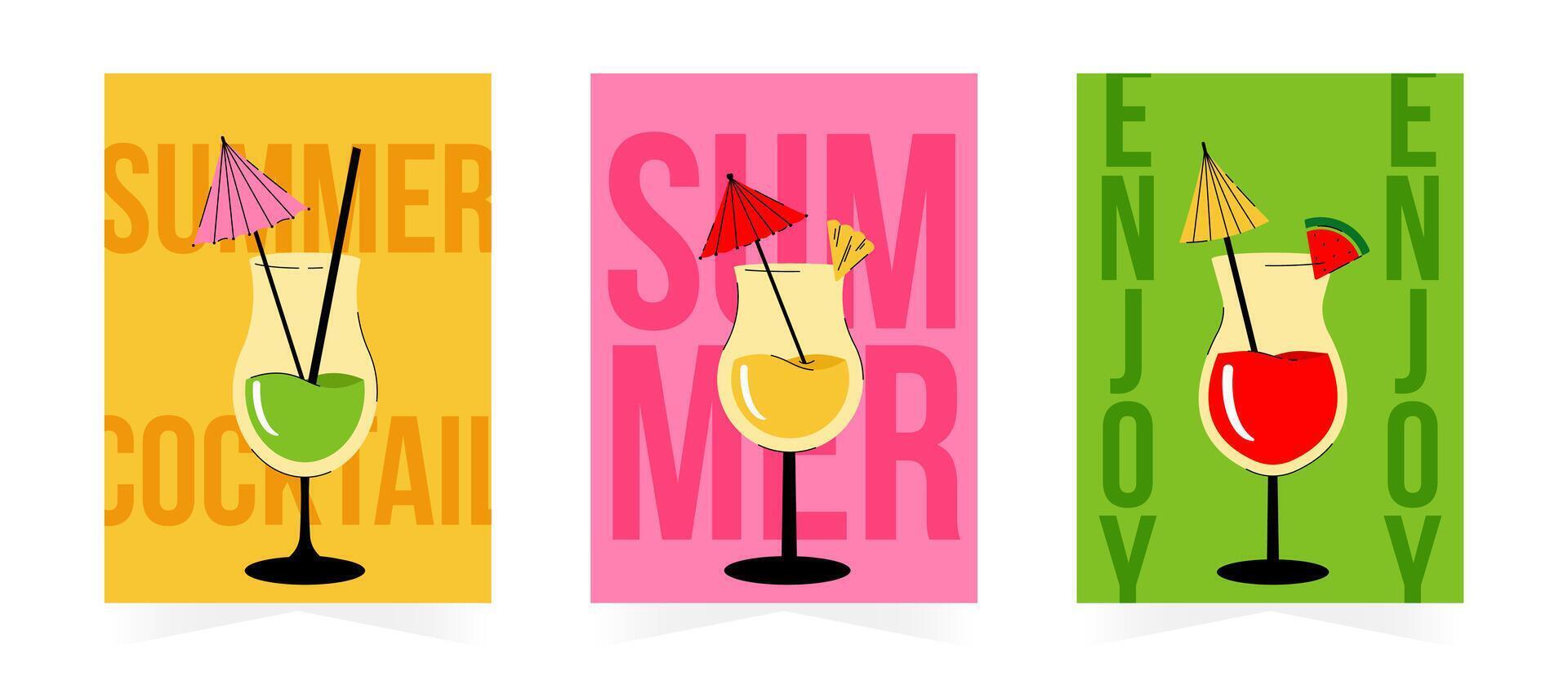 Summer poster set. Summer background with tropical cocktail glasses. Vintage illustration for poster, banner, cover, card, story vector