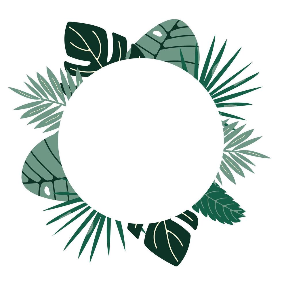 Tropical round green palm wreath for summer wedding invitations, posters or eco-friendly packaging. illustration vector