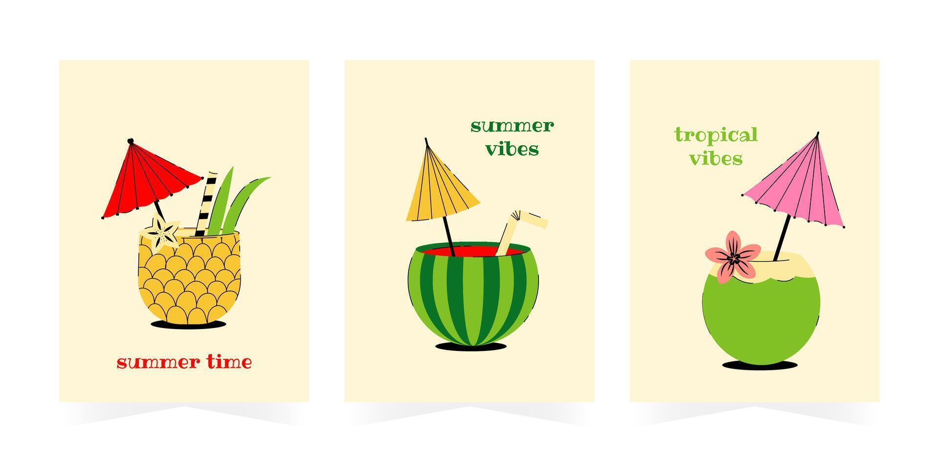 Summer beach poster set. background with tropical pineapple, coconut, watermelon cocktails. Colorful illustration for poster, banner, cover, card, story, summer sale vector