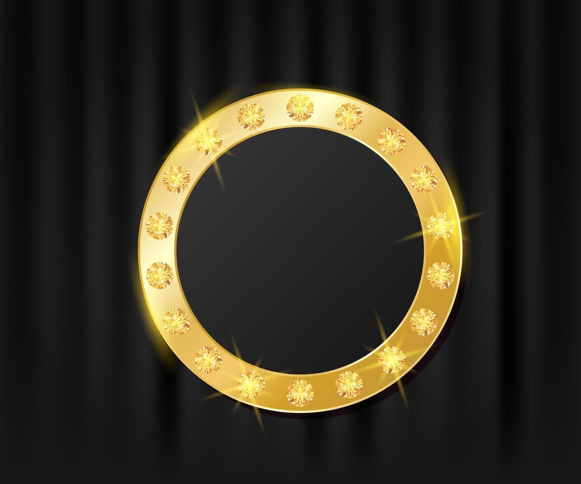 Vip card with golden shiny round frame. Black curtains background with empty copy space. Premium illustration for club, casino, party, events, hotel, concert vector