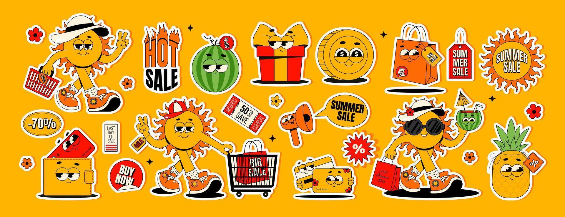 Summer sale stickers set. Retro groovy characters sun, gift box, shopping bag and more. Collection elements for store sale, promotion or social media posts. Flat illustration vector