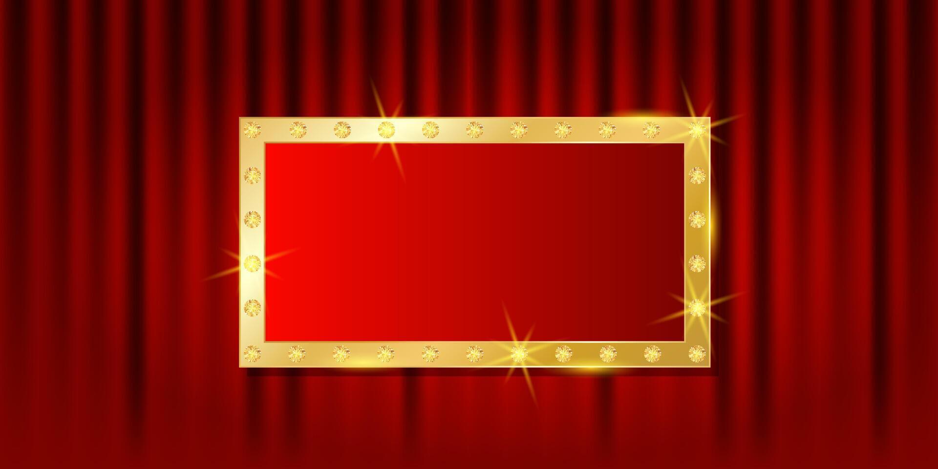 Vip banner with golden shiny frame. Red curtains background with empty copy space. Premium illustration for club, casino, party, spa, lounge, concert vector