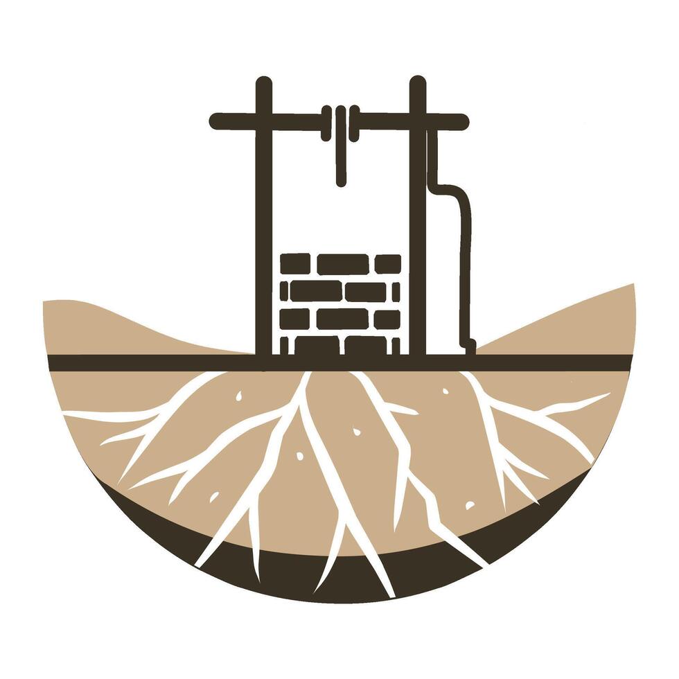 Windmill on a dry landscape. A rustic windmill stands against a backdrop of arid land, under a clear sky. Perfect for conveying themes of sustainability, renewable energy, or rural landscapes vector