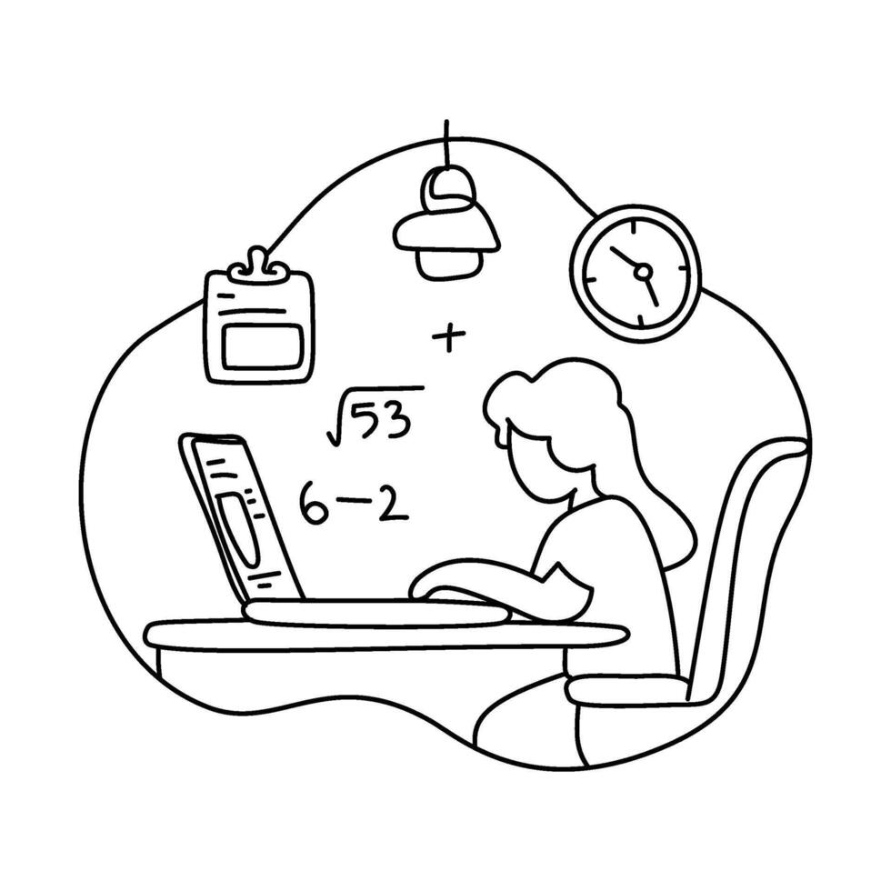 Woman working on laptop at desk with clock and note papers vector