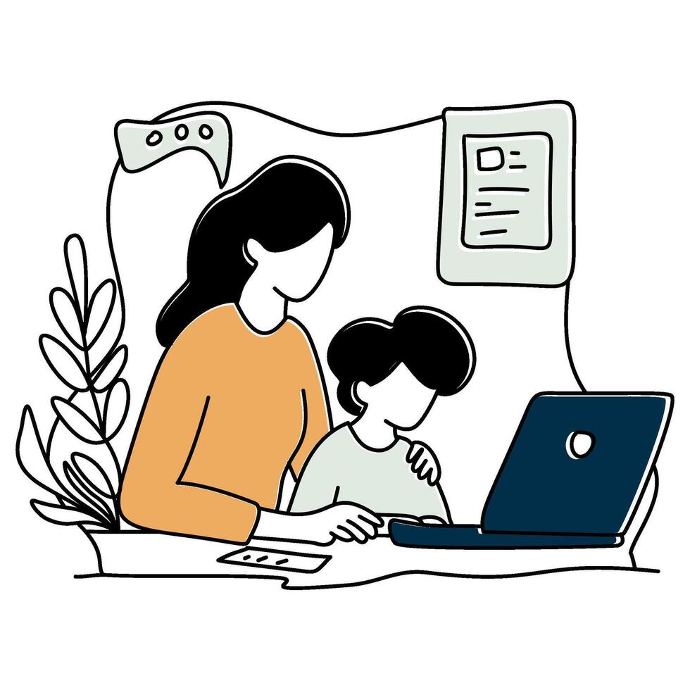 Parent and child co-learning on laptop. Mother helps kid with digital lessons. Great for illustrating family education, support, or collaborative study. The mood is warm and encouraging. vector