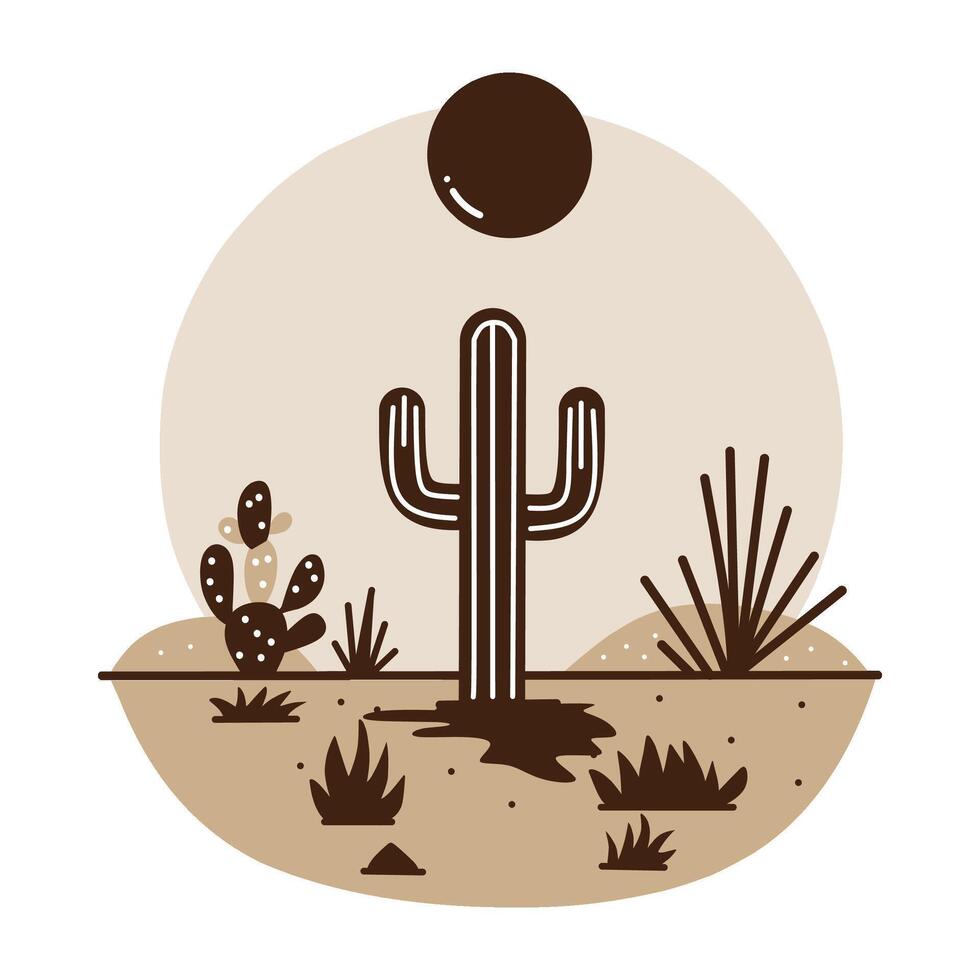 Cactus and dry plants under a pale sun. A resilient cactus stands amidst sparse, dry vegetation under a muted sun vector