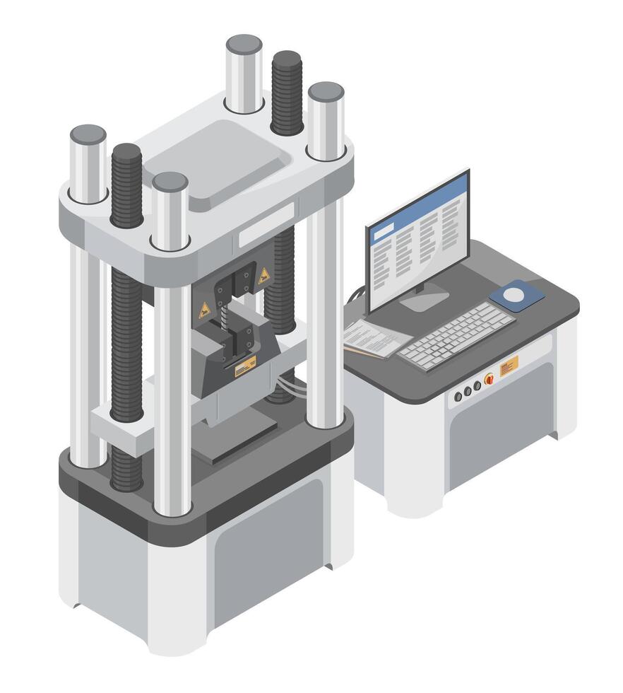 Isometric steel test lab machine connected to a computer for analyzing tensile and compressive strength of metal samples in industrial quality control processes vector