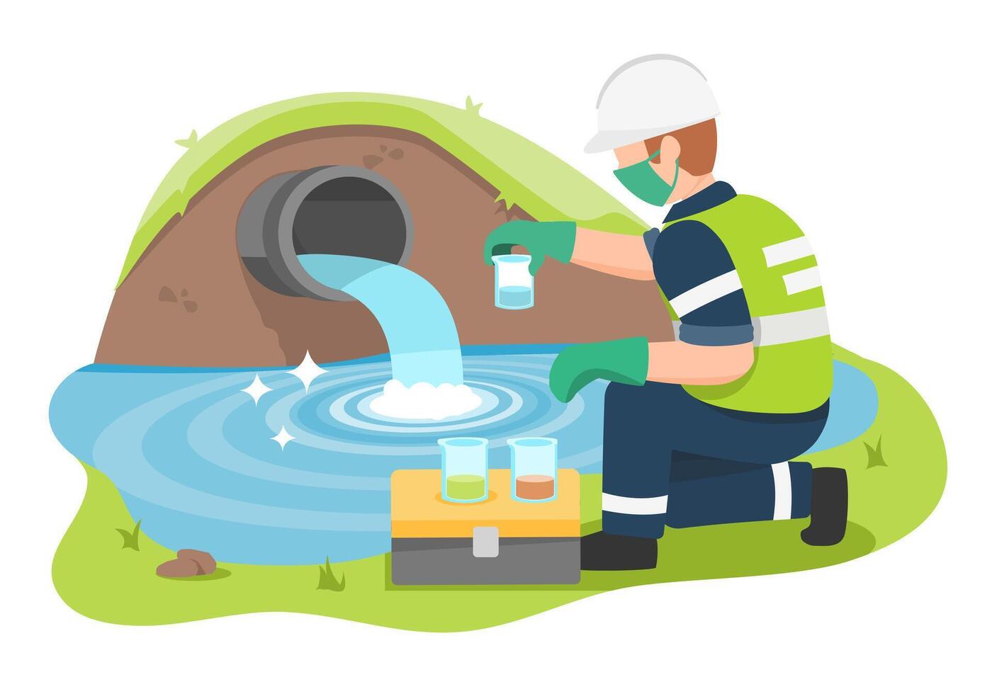 Industrial wastewater quality control by environmental technician collecting samples near drainage outlet in flat style illustration vector