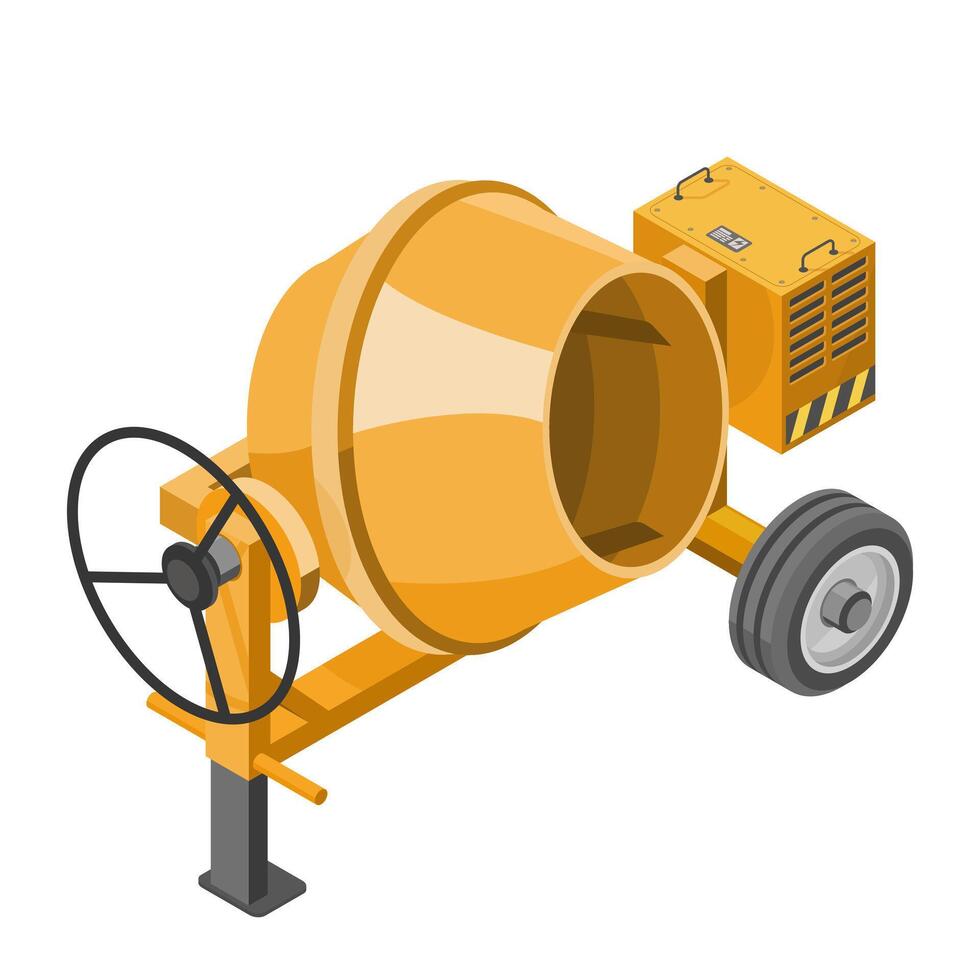Isometric illustration of a portable concrete mixer machine with yellow drum and black wheel isolated on white background for construction and industrial concept design vector