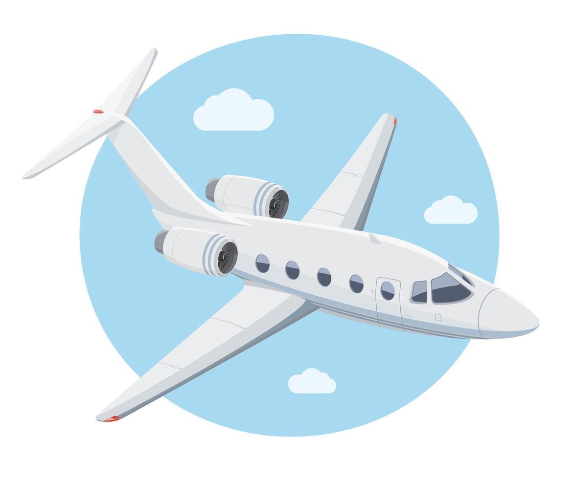 Private business jet flying above the clouds with clear blue sky in modern isometric cartoon style illustration vector