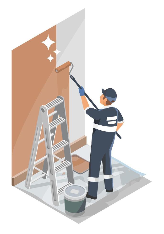 Isometric illustration of a worker painting an interior wall brown during home renovation with ladder paint bucket and protective floor covering vector