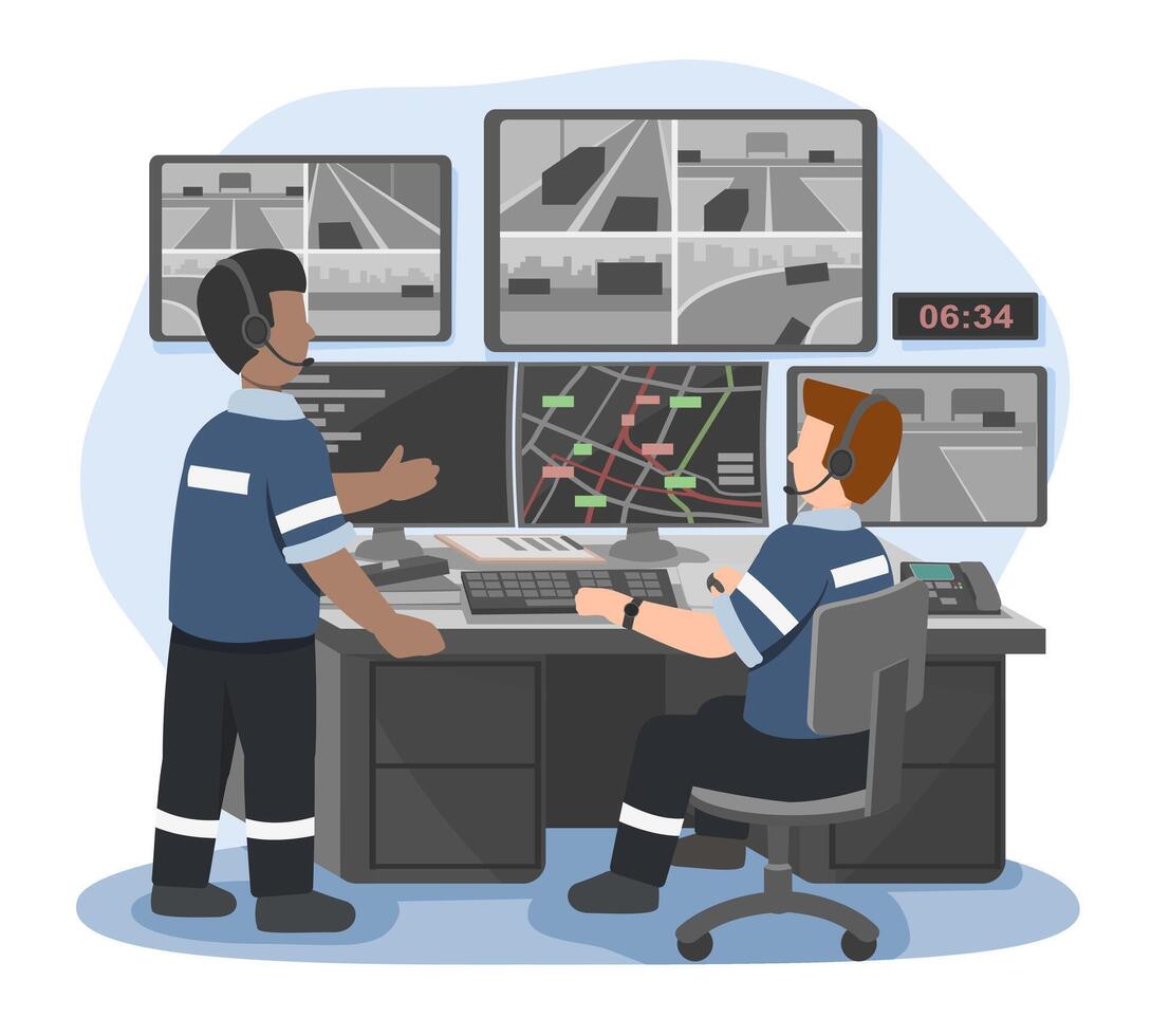 Emergency dispatch operators monitoring city traffic and coordinating real-time response from a control room filled with surveillance screens at early morning hours vector