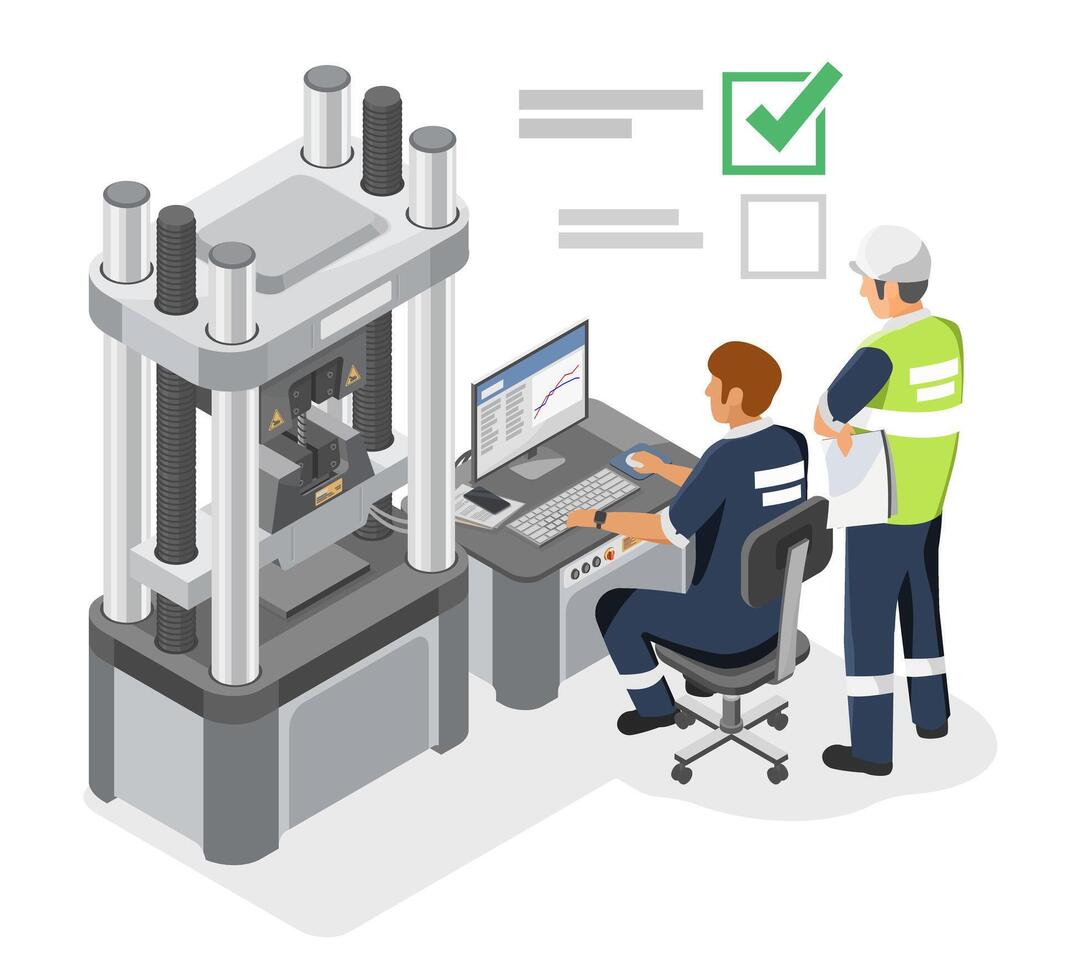 Engineers performing a steel test with industrial press machine while analyzing data for quality assurance and license certification in a high-standard facility vector