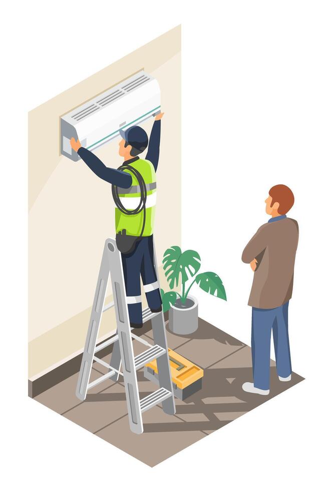 Professional technician standing on ladder while installing or repairing a wall-mounted air conditioner unit in a modern home interior vector