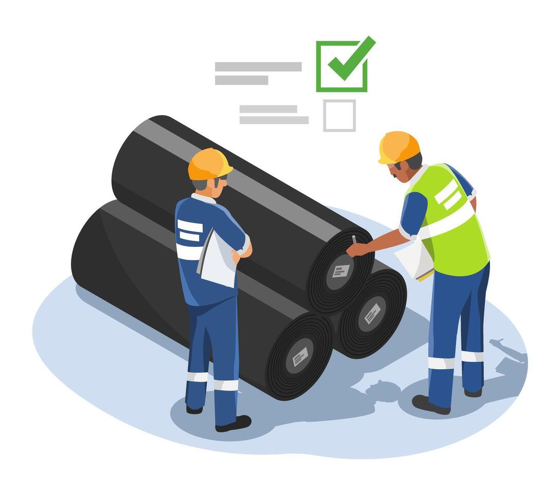 Engineers inspecting stacked HDPE geomembrane rolls at construction site to ensure proper material selection and quality control vector