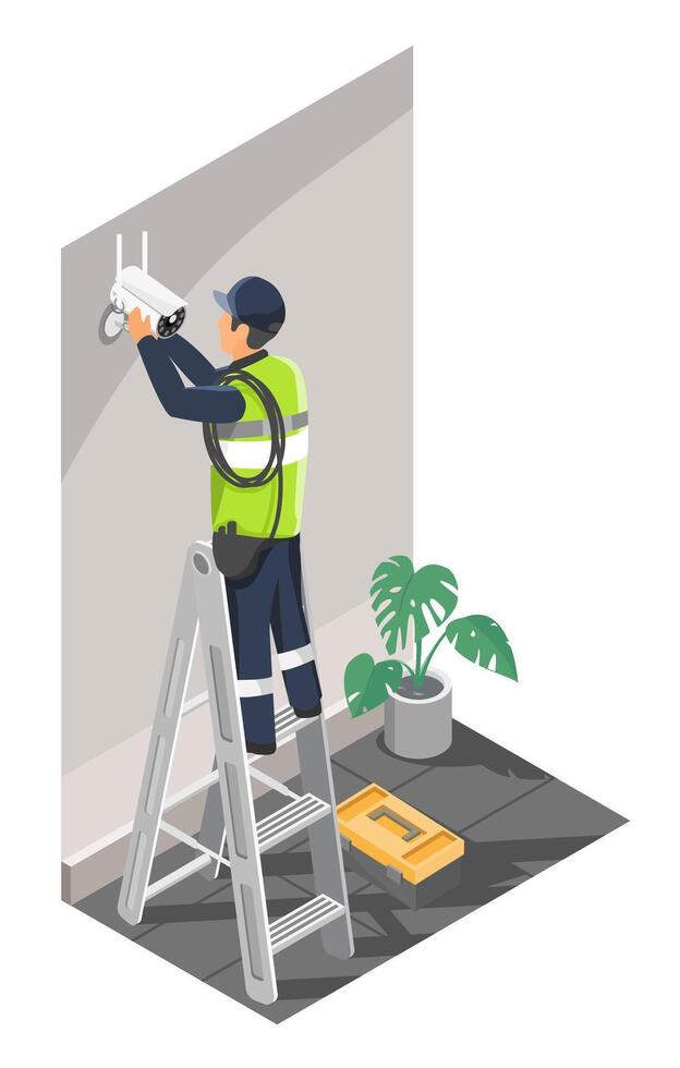 Isometric illustration of a technician installing a security CCTV camera on an indoor wall while standing on ladder with toolbox nearby vector