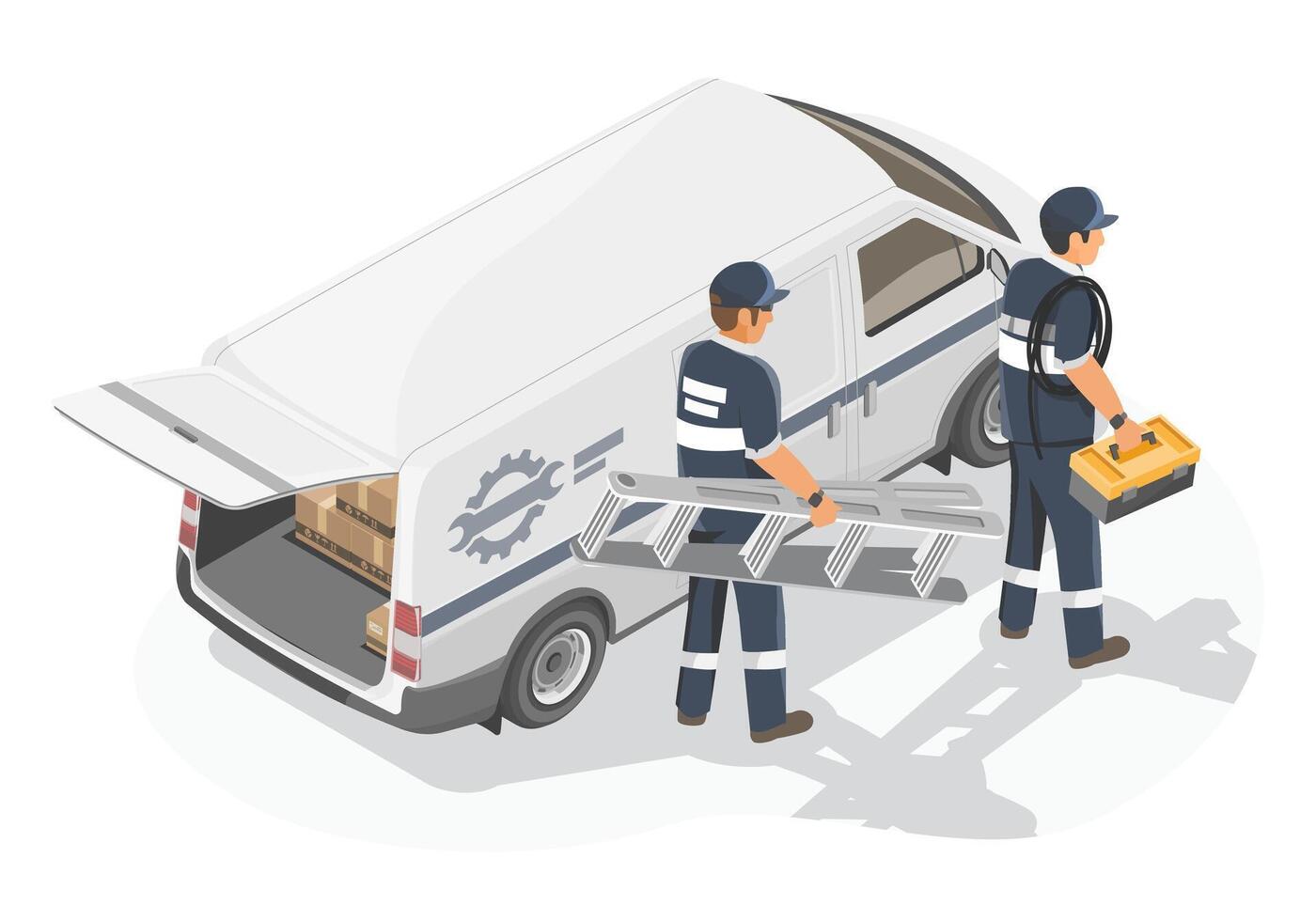 Professional maintenance and service technicians preparing equipment from company van for on-site repair and installation tasks vector