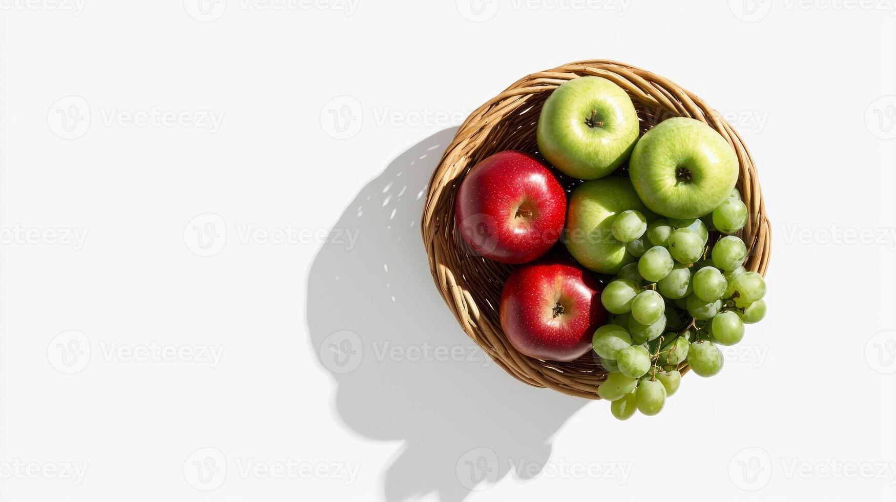 Wicker basket with red apples and green grapes on white background for healthy living photo
