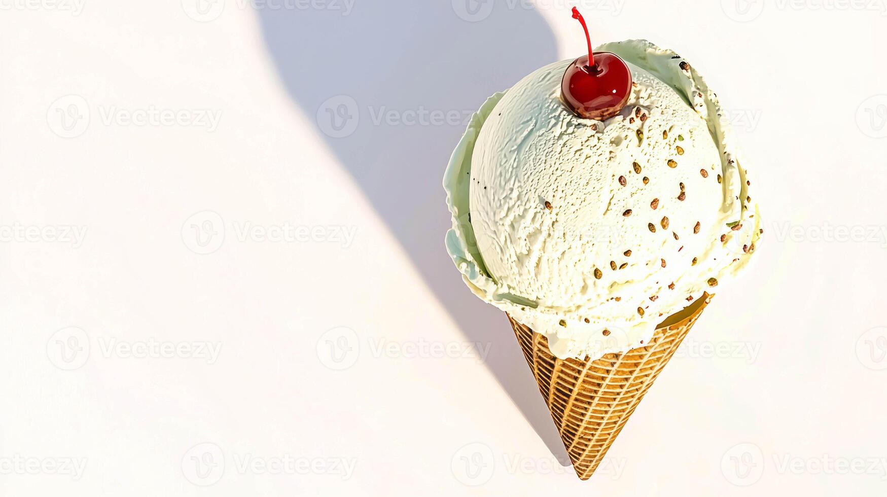 Delicious pistachio ice cream cone with cherry topping on sunny day photo