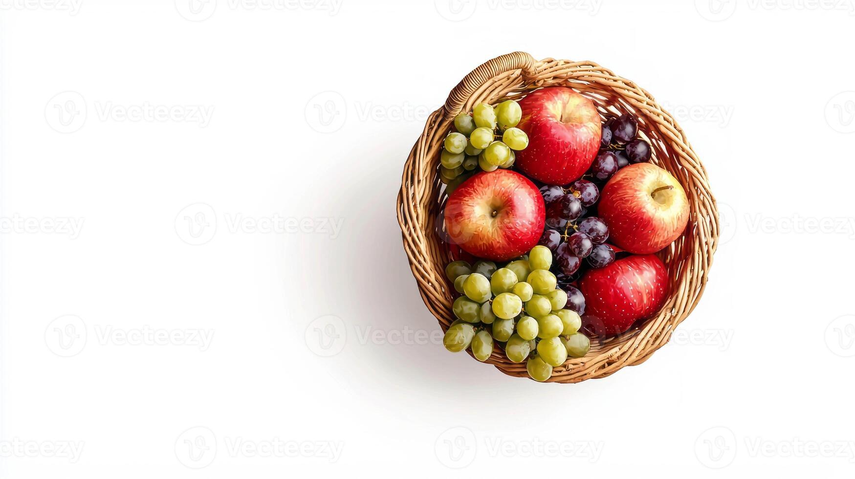 Realistic wicker basket with fresh red apples and grapes for autumn decor photo