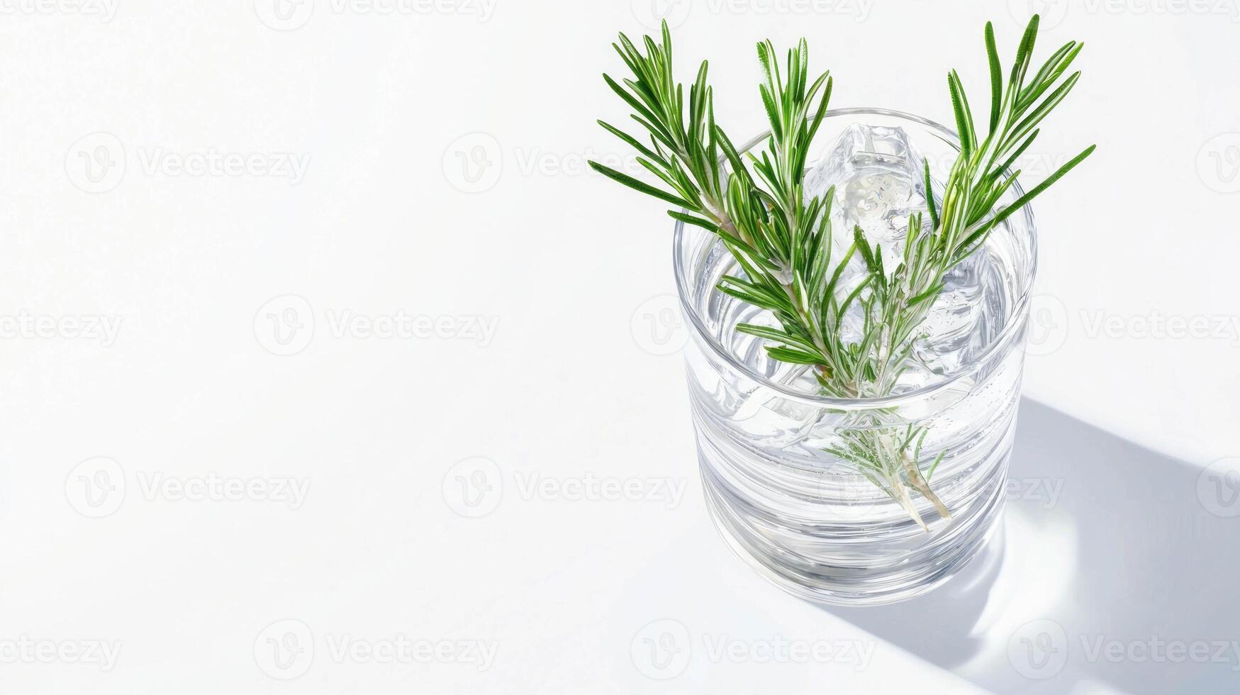 Fresh rosemary sprigs in clear glass with water and ice for culinary and aromatic use photo