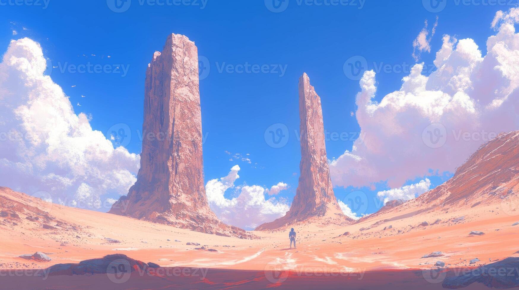 Majestic desert landscape with towering rock formations under a clear blue sky photo