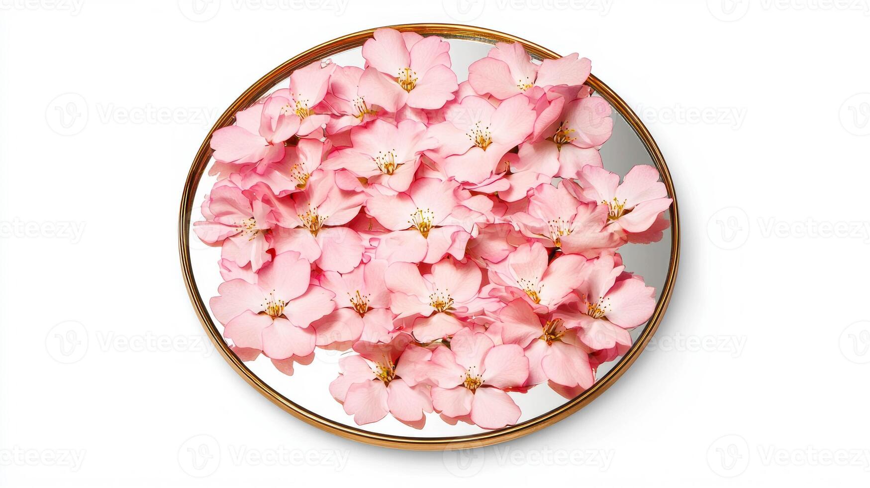 Delicate sakura petals reflecting on a round mirror for elegant spring decor photo