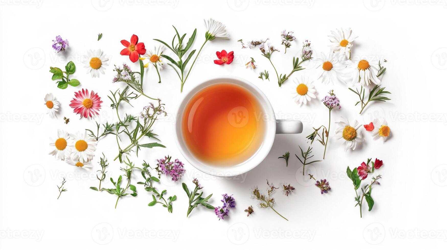 Wildflower herbal tea in a ceramic cup surrounded by colorful blossoms for a calming experience photo