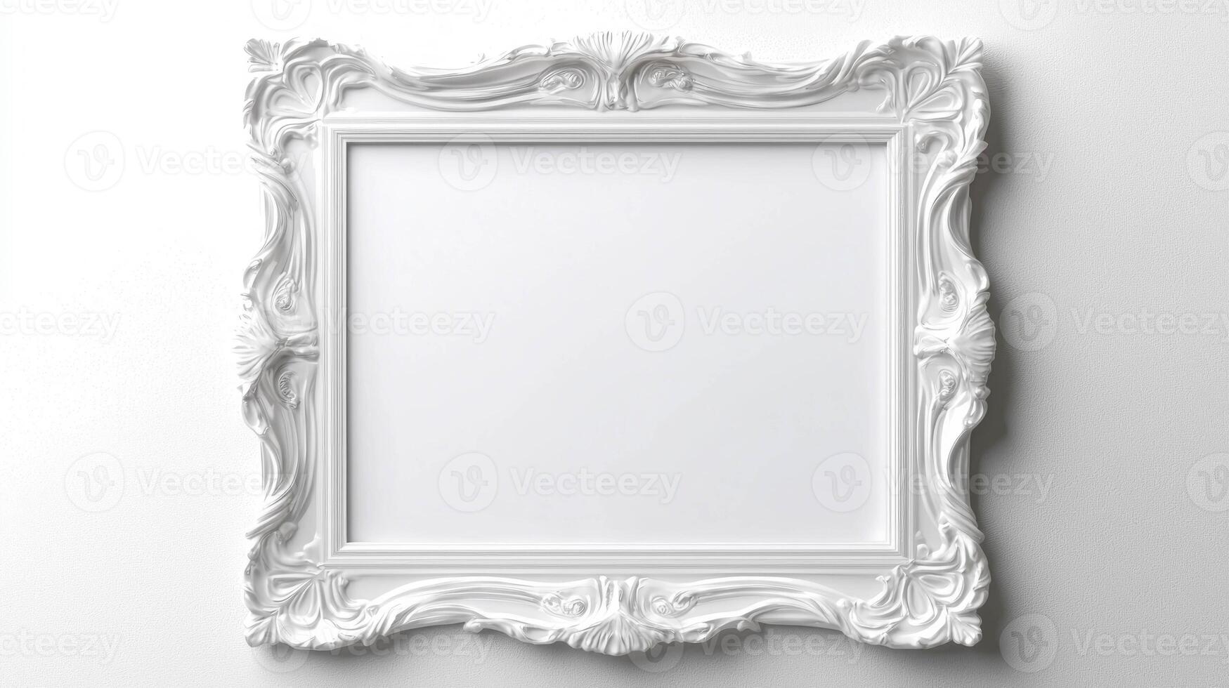 Elegant white ornate frame on minimalist background for art display or interior design photo