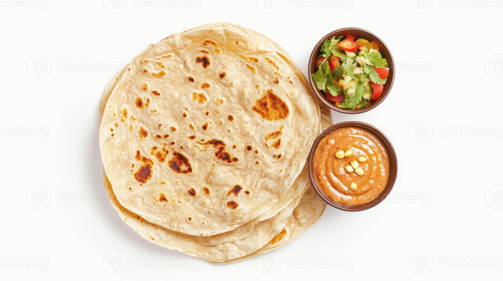 Whole wheat flatbread with dipping sauce and fresh salad for culinary delight photo