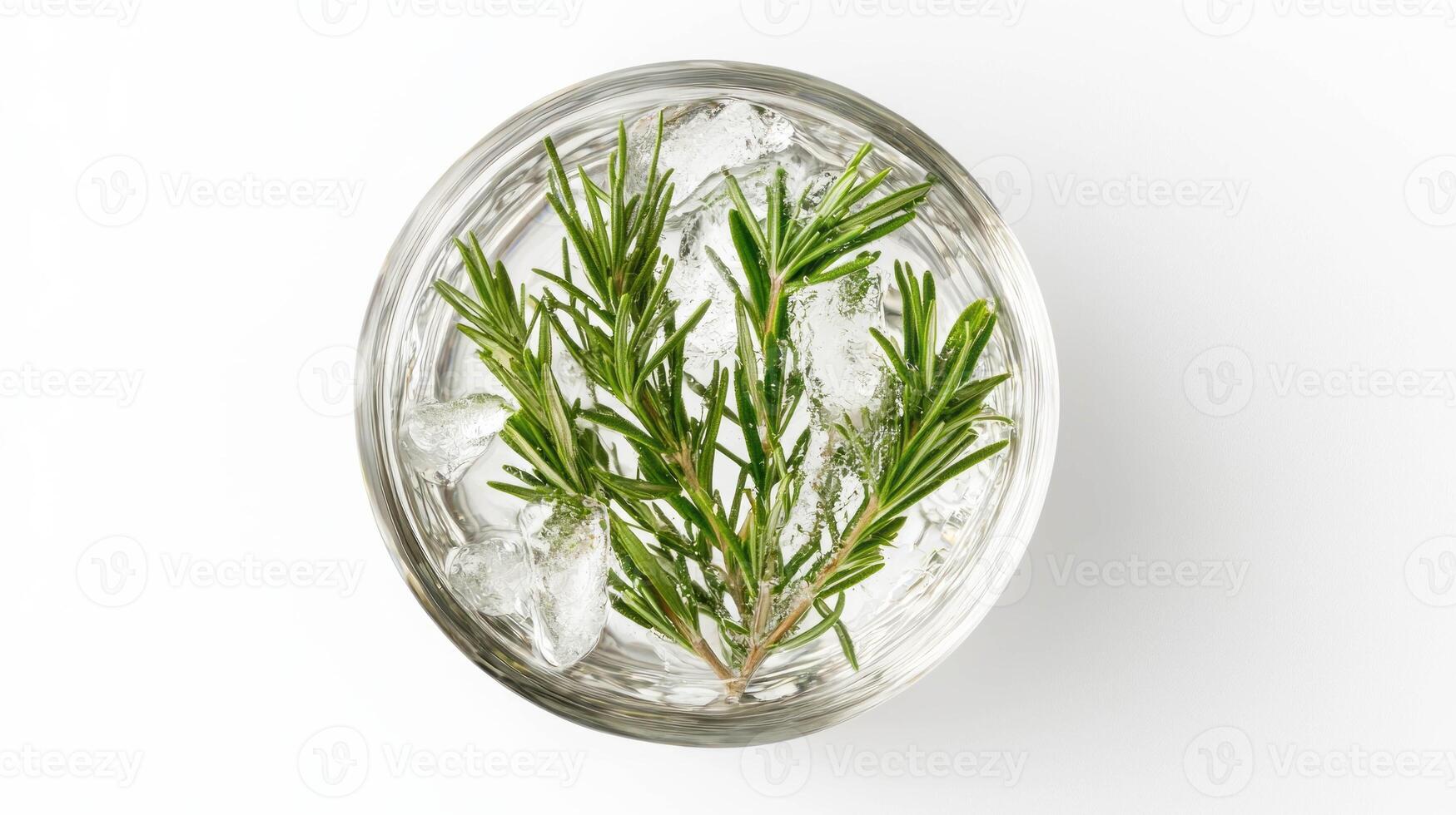 Fresh rosemary sprigs in clear glass bowl with ice for culinary and aromatherapy uses photo