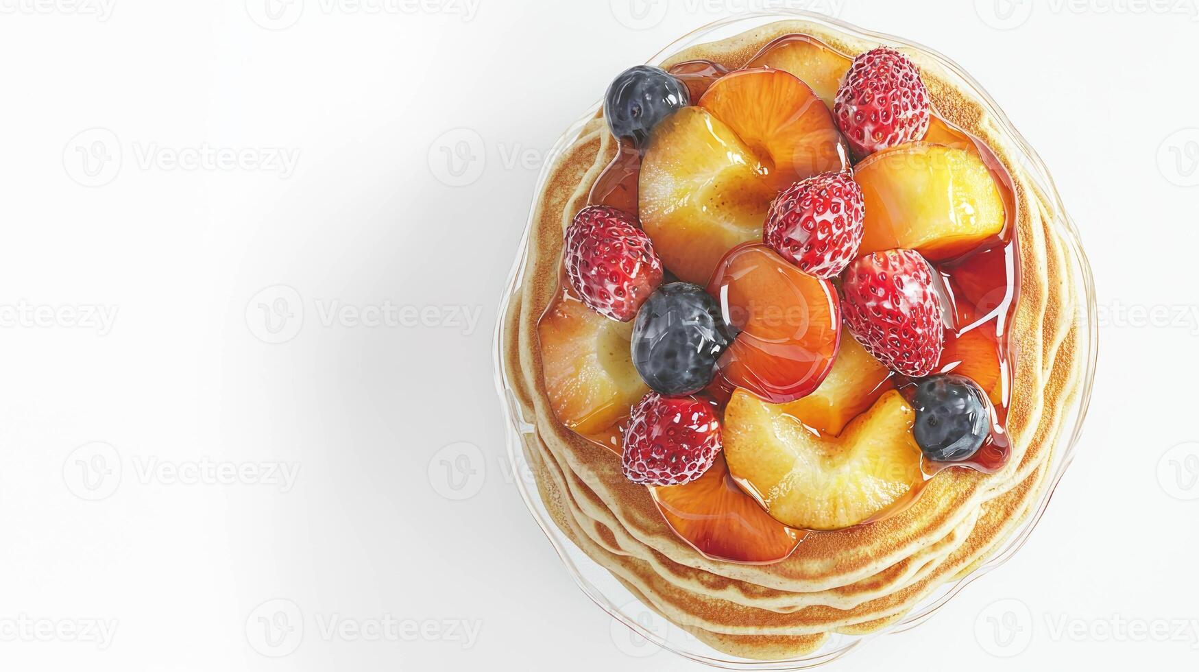 Delicious whole wheat pancakes topped with fresh mixed berries and peaches photo