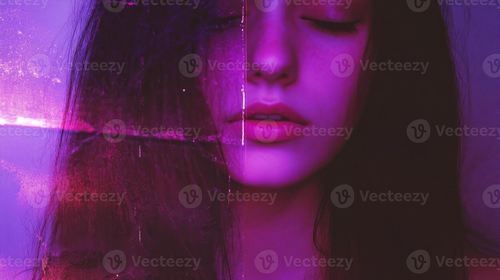 Mysterious violet grunge aesthetic with facial overlay and textured contrast photo