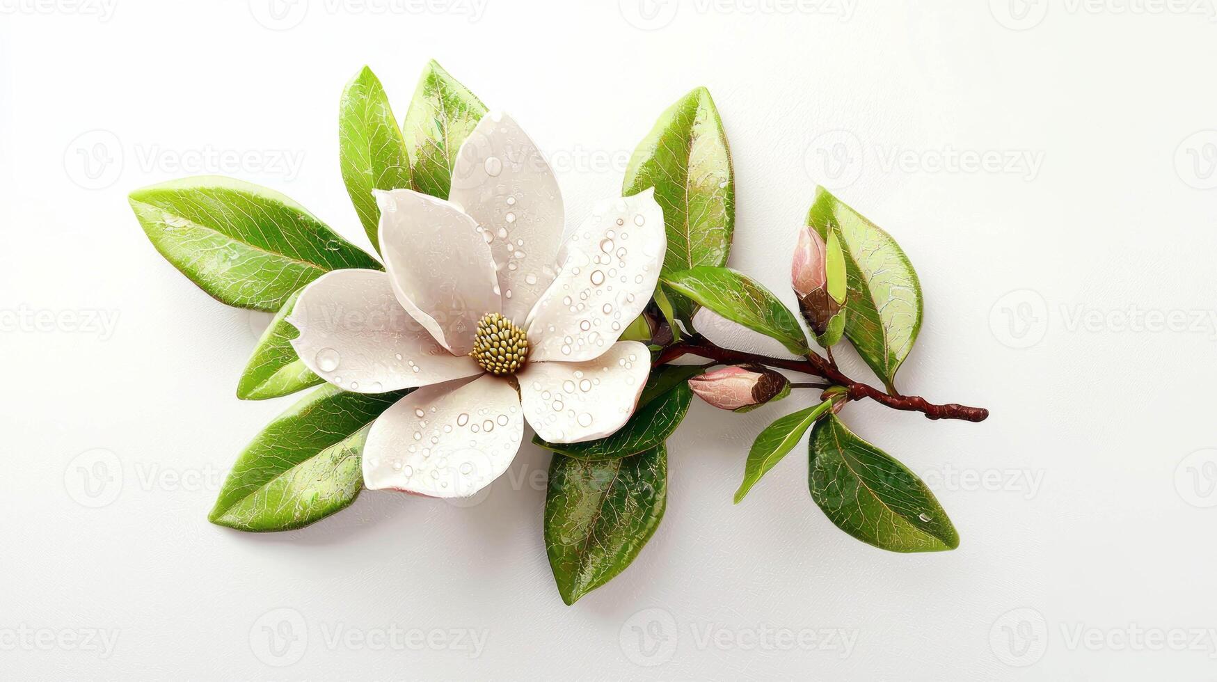 Realistic magnolia blossom with dew on branch - nature's elegance for floral design photo