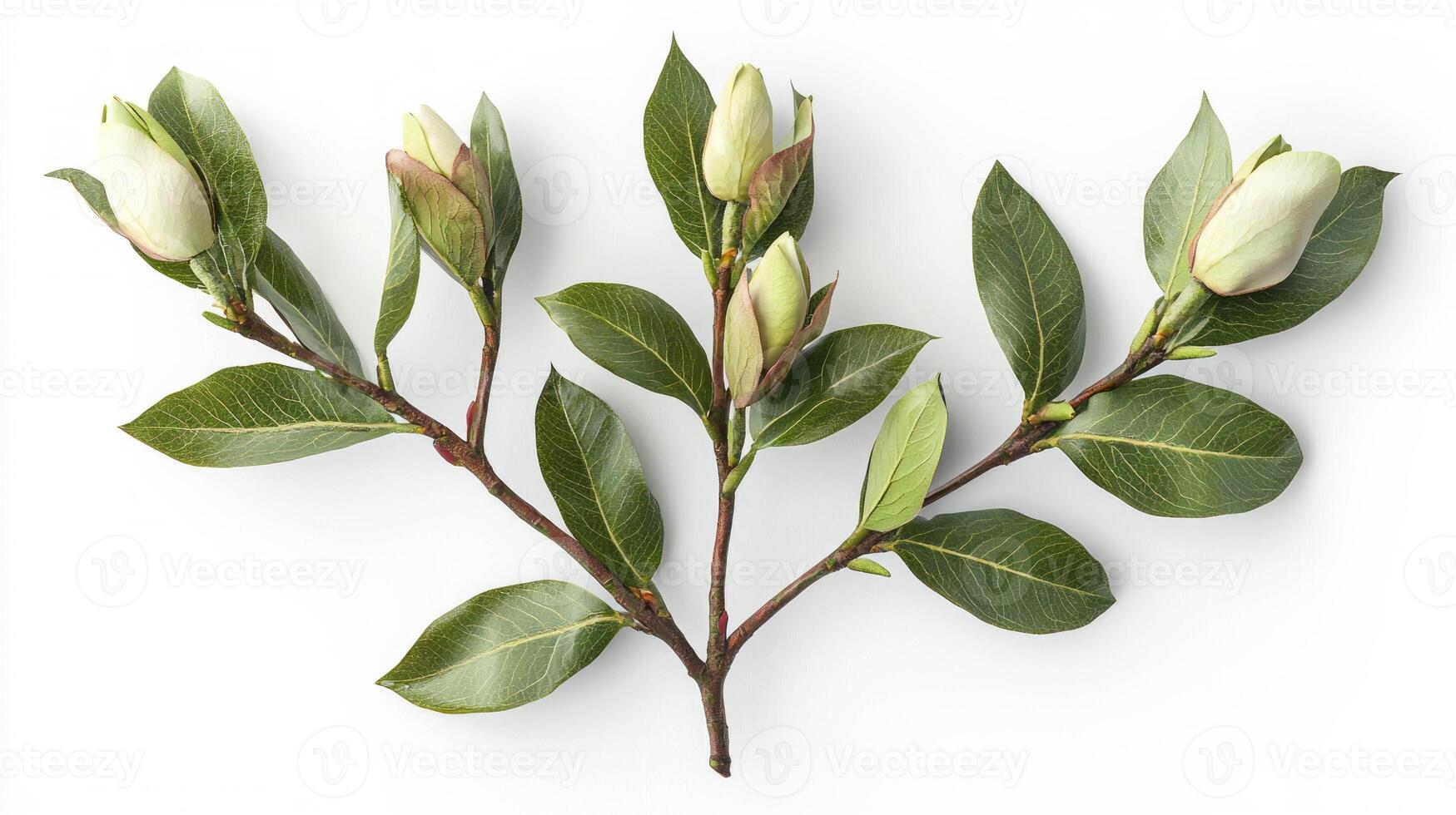Realistic magnolia branch with buds showcasing new growth and fresh leaves photo
