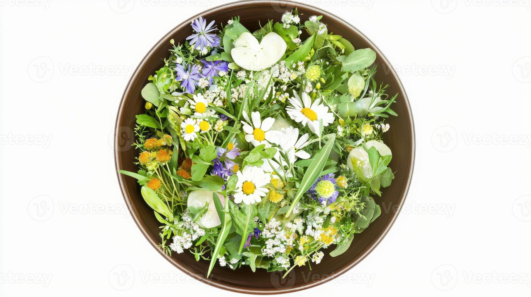 Fresh wildflower salad in bowl for vibrant summer dining and natural decoration photo