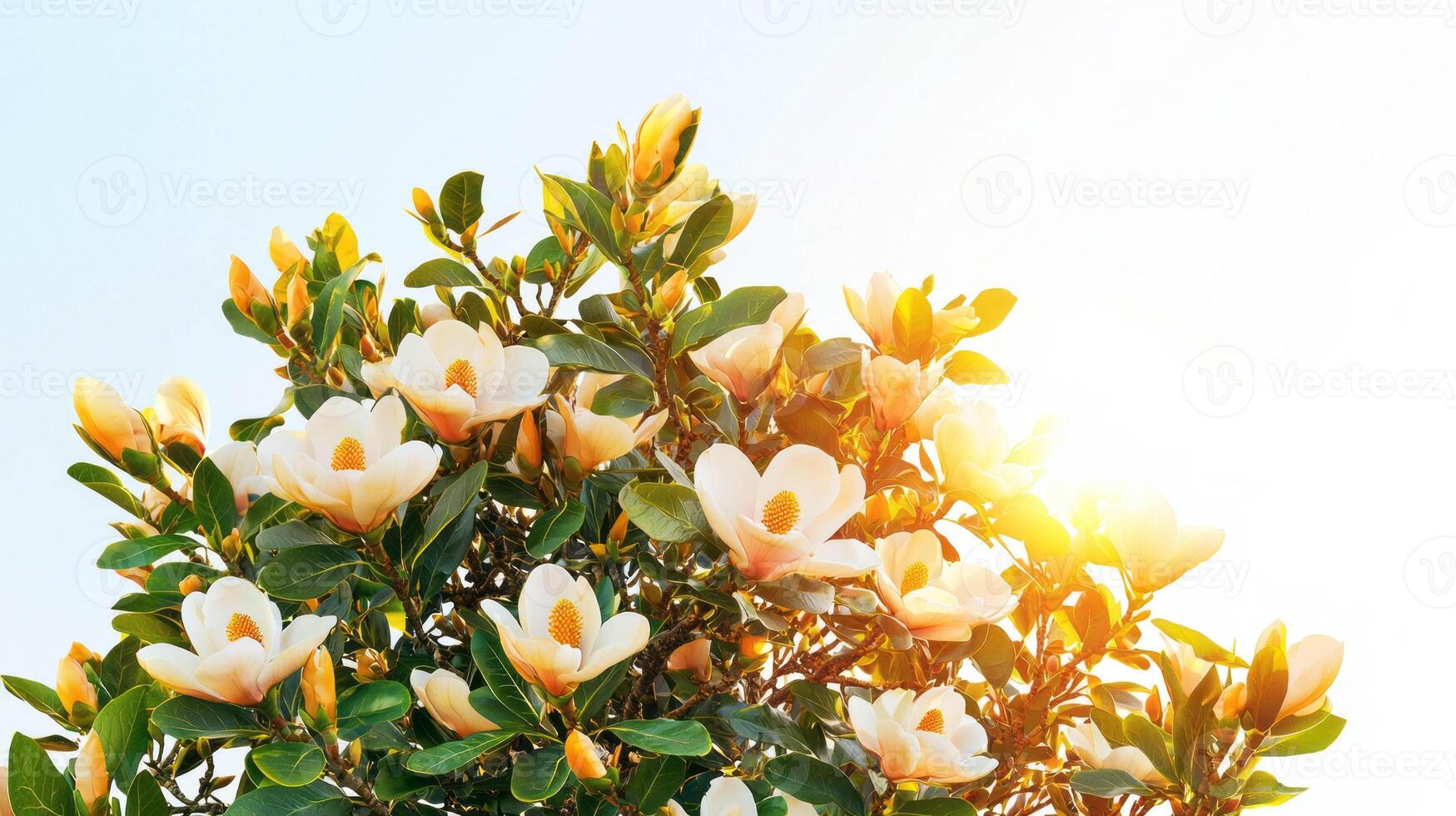 Realistic magnolia tree silhouette with blooming flowers against bright sky photo